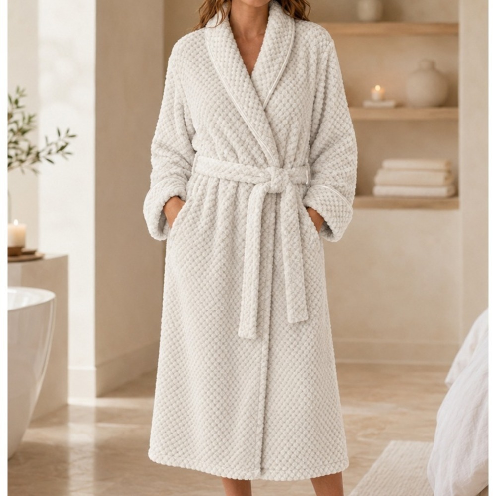 Charter Club Intimates Women's M Ivory Plush Textured‎ Long Wrap Robe Belted